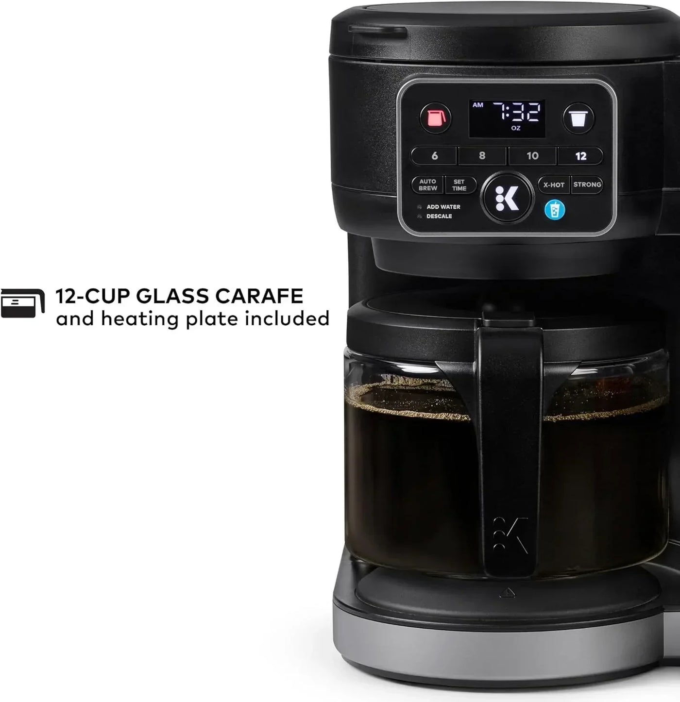 Black drip coffee maker with 12-cup glass carafe, digital display, and programmable brew settings for home kitchen use