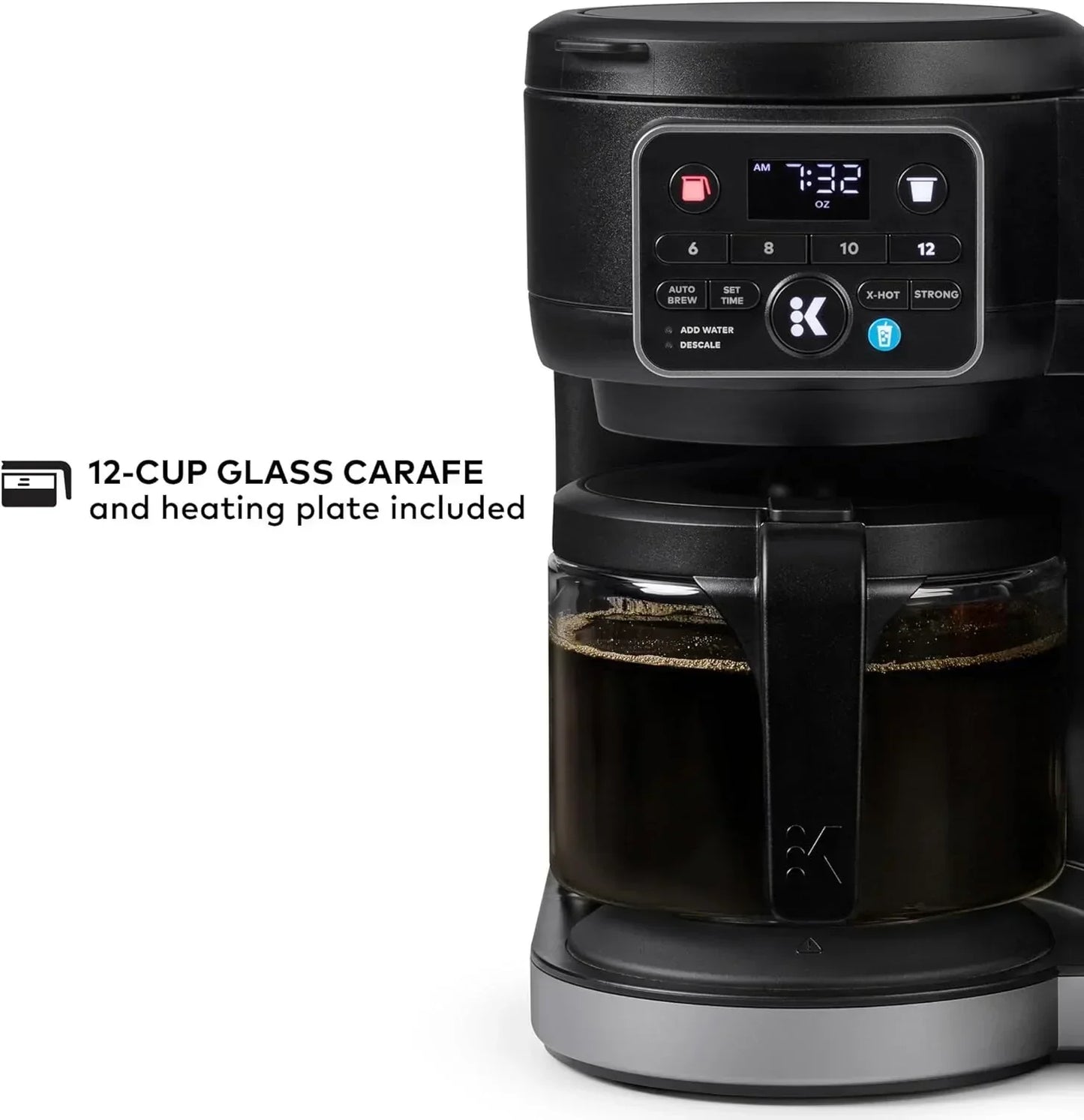 Black drip coffee maker with 12-cup glass carafe, digital display, and programmable brew settings for home kitchen use