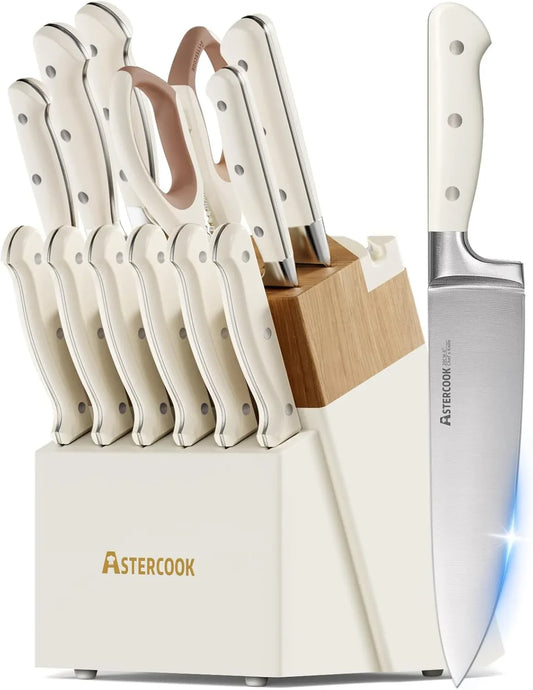 Knife Set, Kitchen Knife Set with Block 14-Piece Full Tang Stainless Steel Knives with Sharpener Dishwasher Safe and Anti-Slip Ergonomic Handle Valentine'S Gift Utensils Set