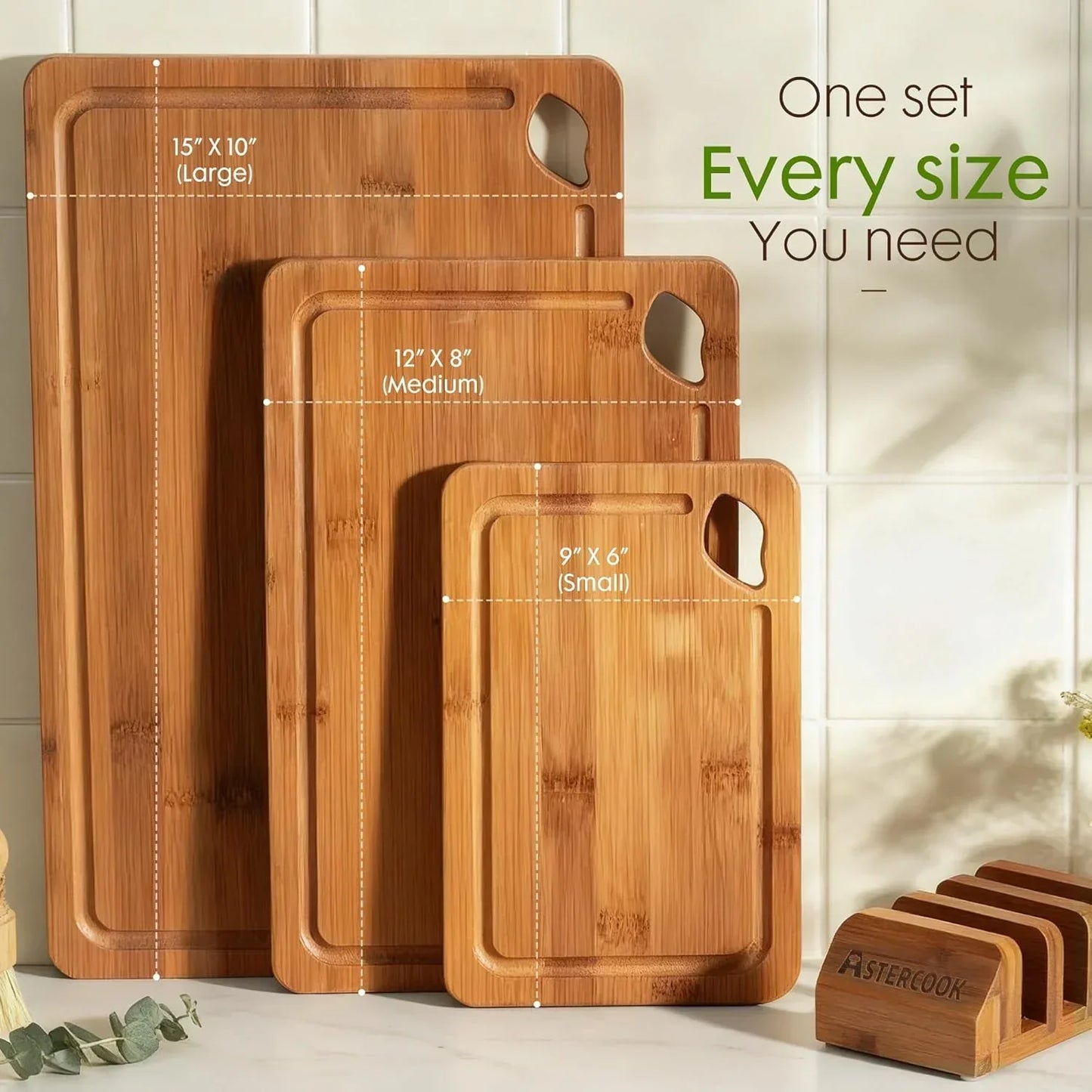 Bamboo cutting boards set in small, medium, large sizes for kitchen prep and cooking tasks