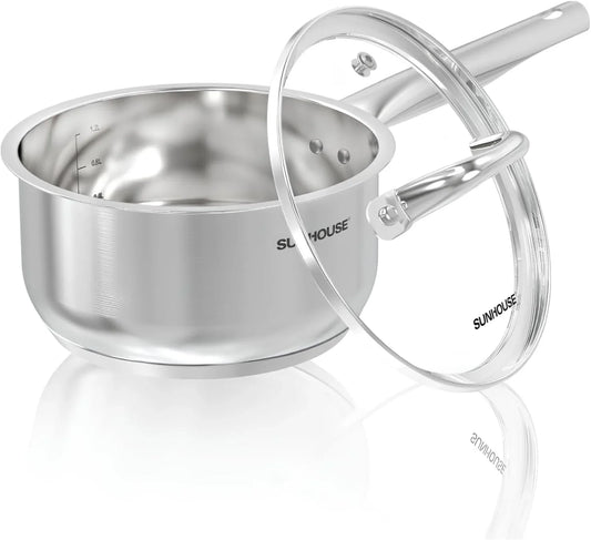 – 1.5 Quart Stainless Steel Sauce Pan with Lid - PFOA-FREE, Stainless Steel Sauce Pan, Induction Base, Stay-Cool Handle, Compatible with All Cooktops Gas, Geramic, Electric Etc.