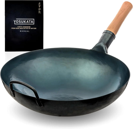 14” round Bottom Carbon Steel Wok Pan – Blue Pre-Seasoned Pow Wok for Stir Fry, BBQ & Camping – Traditional Japanese & Chinese Cookware – Compatible with Gas Stoves & Open Fire Only