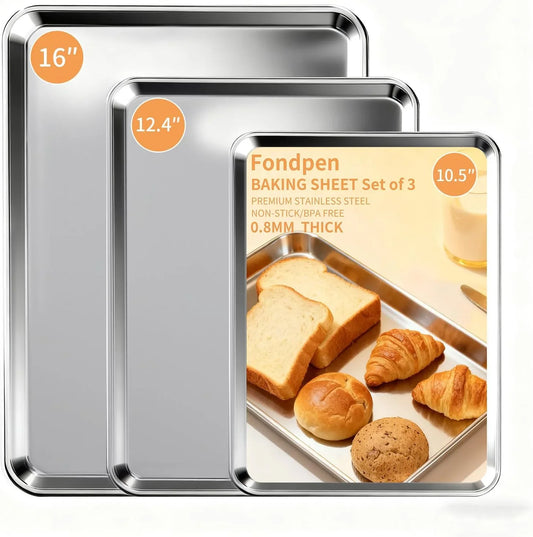 Baking Sheet Set of 3, Stainless Steel Cookie Sheets Baking Sheet Pan, 10.5/12.4/16 Inch, Thicker and Firmer Baking Pans Set, Non-Stick, Non Toxic & Heavy Duty & Easy Clean，Dishwasher Safe