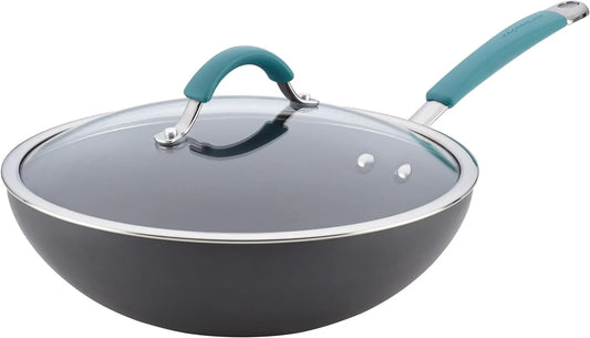 Cucina Hard-Anodized Nonstick Covered Stir Fry Pan, 11-Inch, Gray, Agave Blue Handles