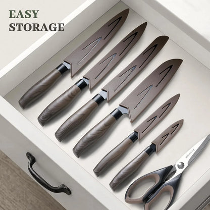 13-Piece Kitchen Knife Set with Black Anti-Rust Coating, Dishwasher Safe, Stainless Steel Chef Knives Set with 6 Blade Guards, Wood Grain Handle, Perfect Holiday & Housewarming Gifts