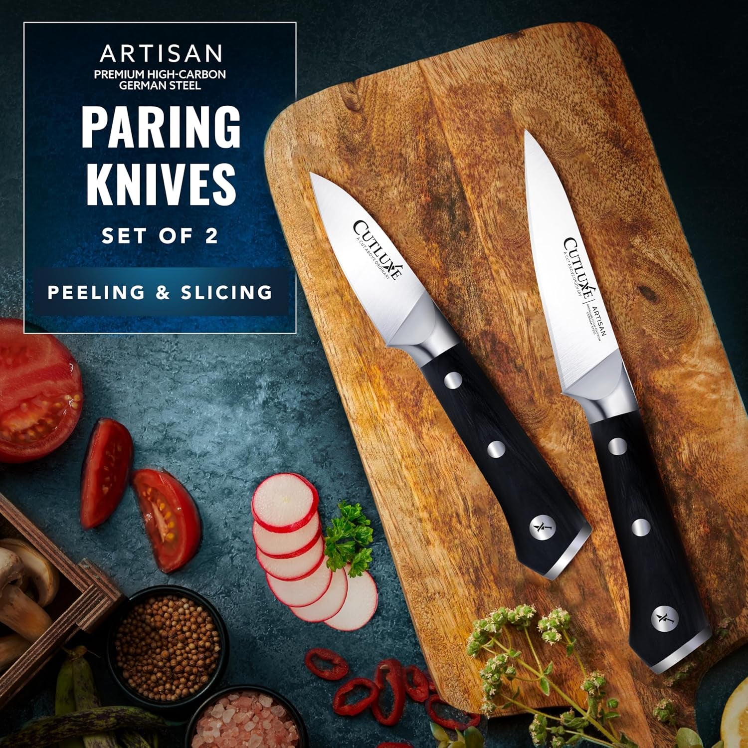 Paring Knife Set – 4" Fruit and 3" Peeling Knives – Small Knife with Razor Sharp Blade – High Carbon German Steel, Full Tang & Ergonomic Handle Design – Artisan Series