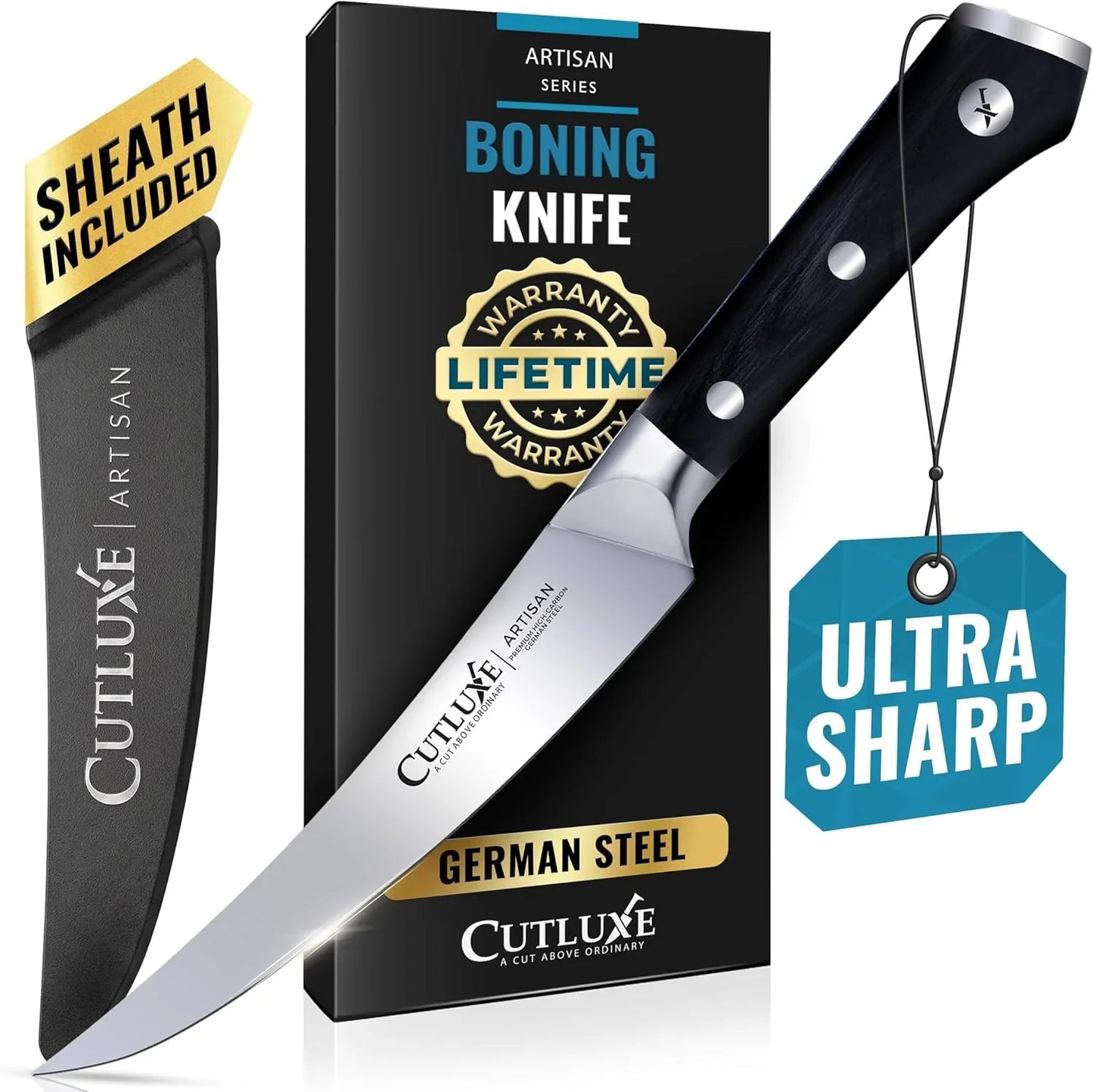 Curved Boning Knife – 6" Boning Knife for Meat Cutting, Filleting – High Carbon German Steel, Full Tang & Ergonomic Handle Design – Artisan Series