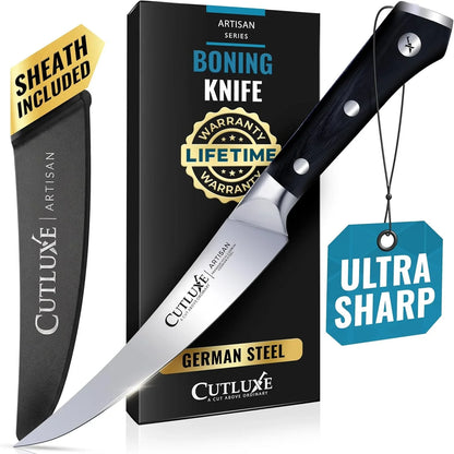 Curved Boning Knife – 6" Boning Knife for Meat Cutting, Filleting – High Carbon German Steel, Full Tang & Ergonomic Handle Design – Artisan Series