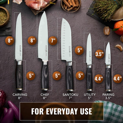 5-Piece Chef Knife Set – Ultra Sharp Japanese Kitchen Knives, High Carbon Stainless Steel Blades, Full Tang Pakkawood Handles – Shinobi Series