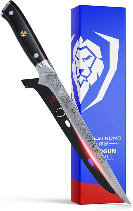 Boning Knife - 8 Inch - Shogun Series ELITE - Damascus AUS-10V Japanese Super Steel - Fillet Knife Gift - Meat Cutting, Carving, Bone, Trimming, Deboning - Black G10 Handle - Sheath Included