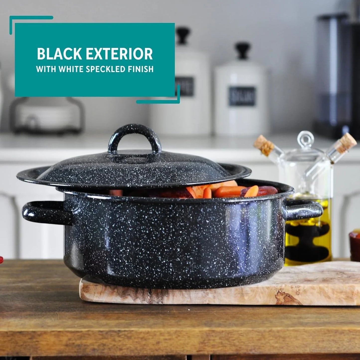 4.5 Quart Traditional Vintage Style Black Speckled Enamel on Steel Dutch Oven with Lid, (MIR-10701)