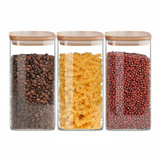 1.6 Qt Square Glass Storage Containers with Lids, Clear Food Storage Container Jar with Sealing Bamboo Lid for Noodles Flour Cereal Rice Sugar Tea Coffee Beans,Square Set of 3