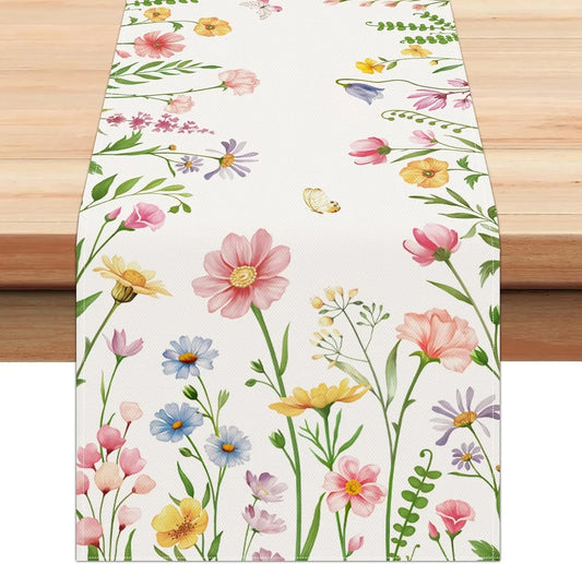 Spring Floral Table Runner 13X72 Inch Pink Flowers Plants Leaves Butterflies Seasonal Summer Kitchen Dining Table Decoration for Indoor Outdoor Home Party Decor