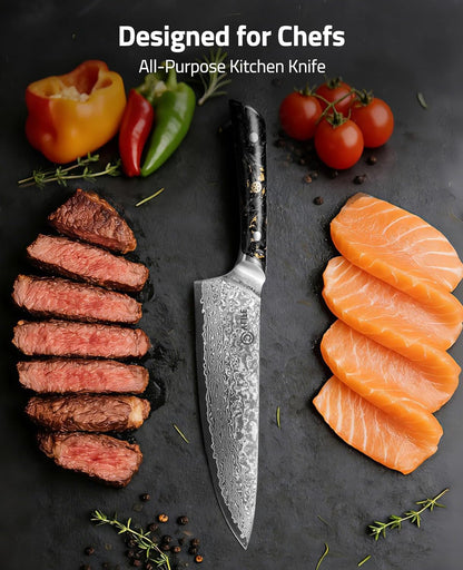 Chef Knife, 8 Inch Damascus Steel with Japanese High Carbon 10Cr15Mov Core, Full Tang Ergonomic Handle for Balance & Control, Razor Sharp Kitchen Utility Knife for Cooking with Sheath & Box