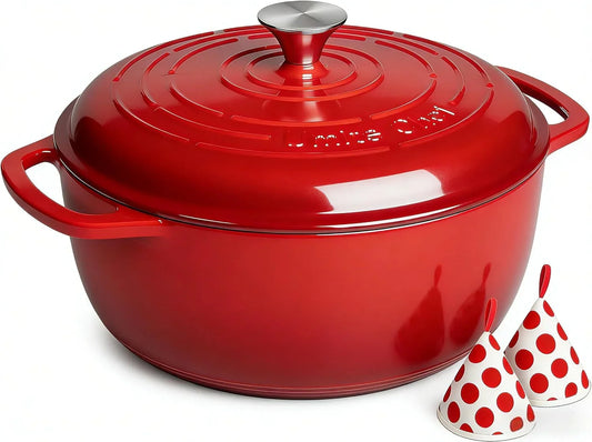 6QT Enameled Cast Iron Dutch Oven with Lid, Versatile Heavy-Duty Cookware Pot for Baking Bread, Braising, Soups & Stews, Oven & Stovetop Safe with Heat Resistant Gloves（Red）