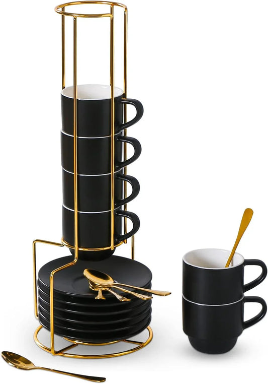 Porcelain 3-Ounce Espresso Cups Set of 6, Small Stackable Coffee Cups with Saucers, Spoons and Metal Stand - Ceramic Demitasse Mugs, Double Shots Expresso Cup, Matte Black