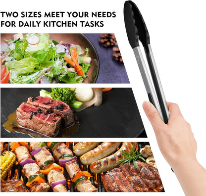 Premium Stainless Steel Locking Kitchen Tongs with Silicon Tips, Set of 2-9" and 12"