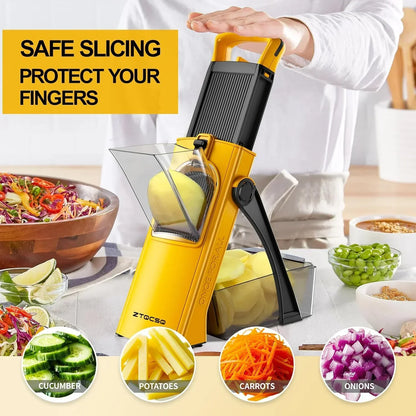 Yellow mandoline slicer safely slicing potatoes, cucumbers, carrots, and onions for kitchen prep