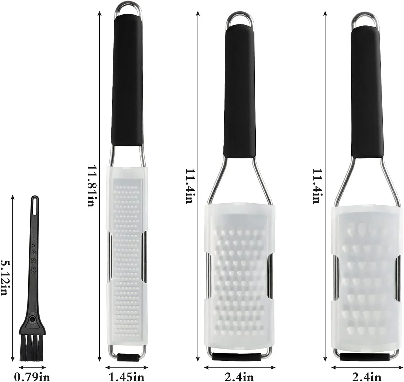 Stainless steel cheese graters with black handles and silicone guards, ideal for kitchen cooking and baking tasks.