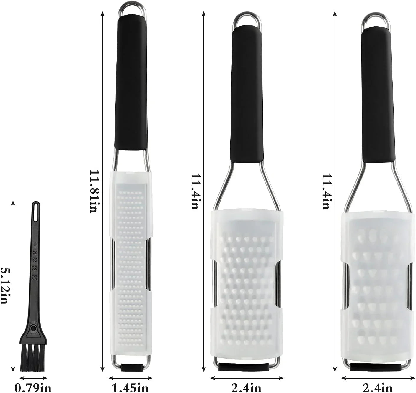 Stainless steel cheese graters with black handles and silicone guards, ideal for kitchen cooking and baking tasks.