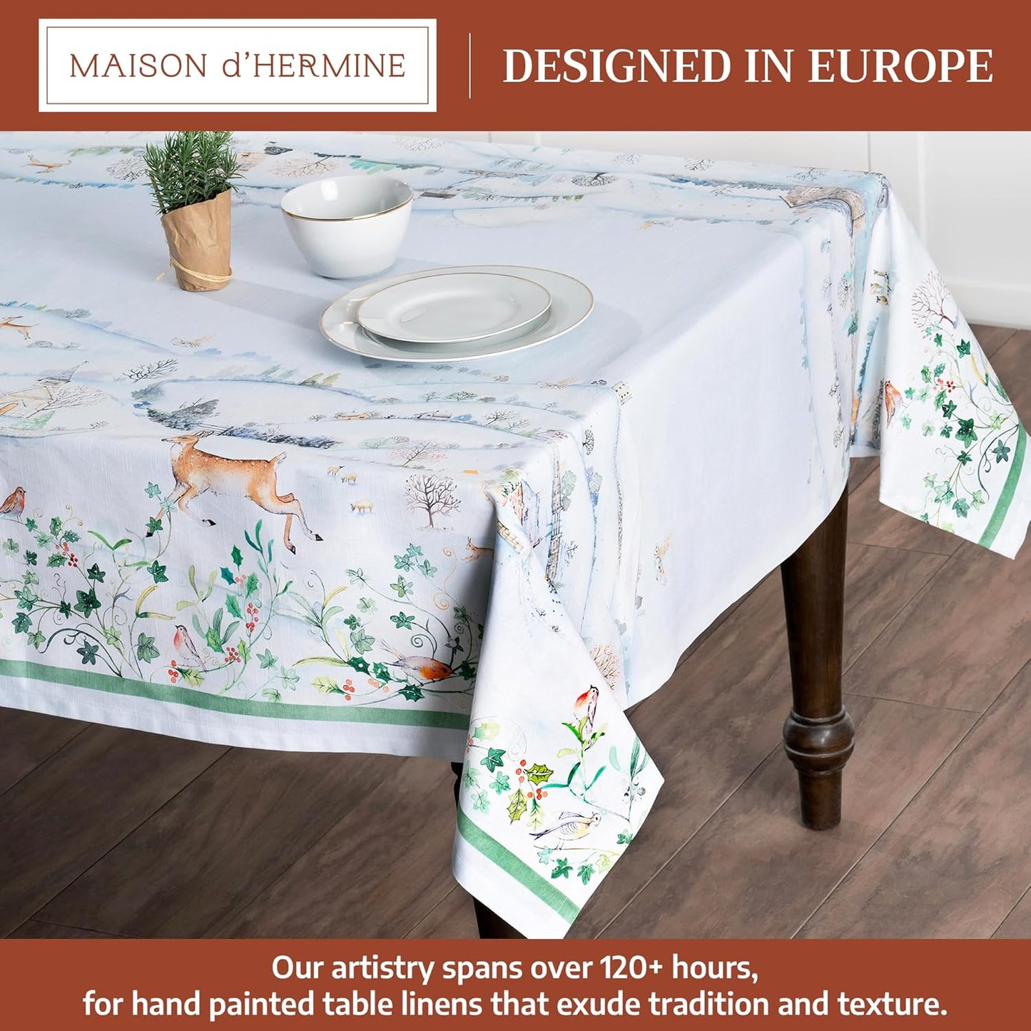 Table Cloth Rectangle Table 100% Cotton 60 X 108 Inches Fall Tablecloth Reusable Everyday Use for Thanksgiving Christmas Decorations Dining Farmhouse Party (Snowy World)