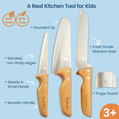 Kids Safe Knife Set, 4Pcs Beginners Kitchen Knives for Real Cooking, Food-Grade Stainless Steel Blades for Cutting Chopping, Child First Starter Knife, Bpa-Free (Silver)