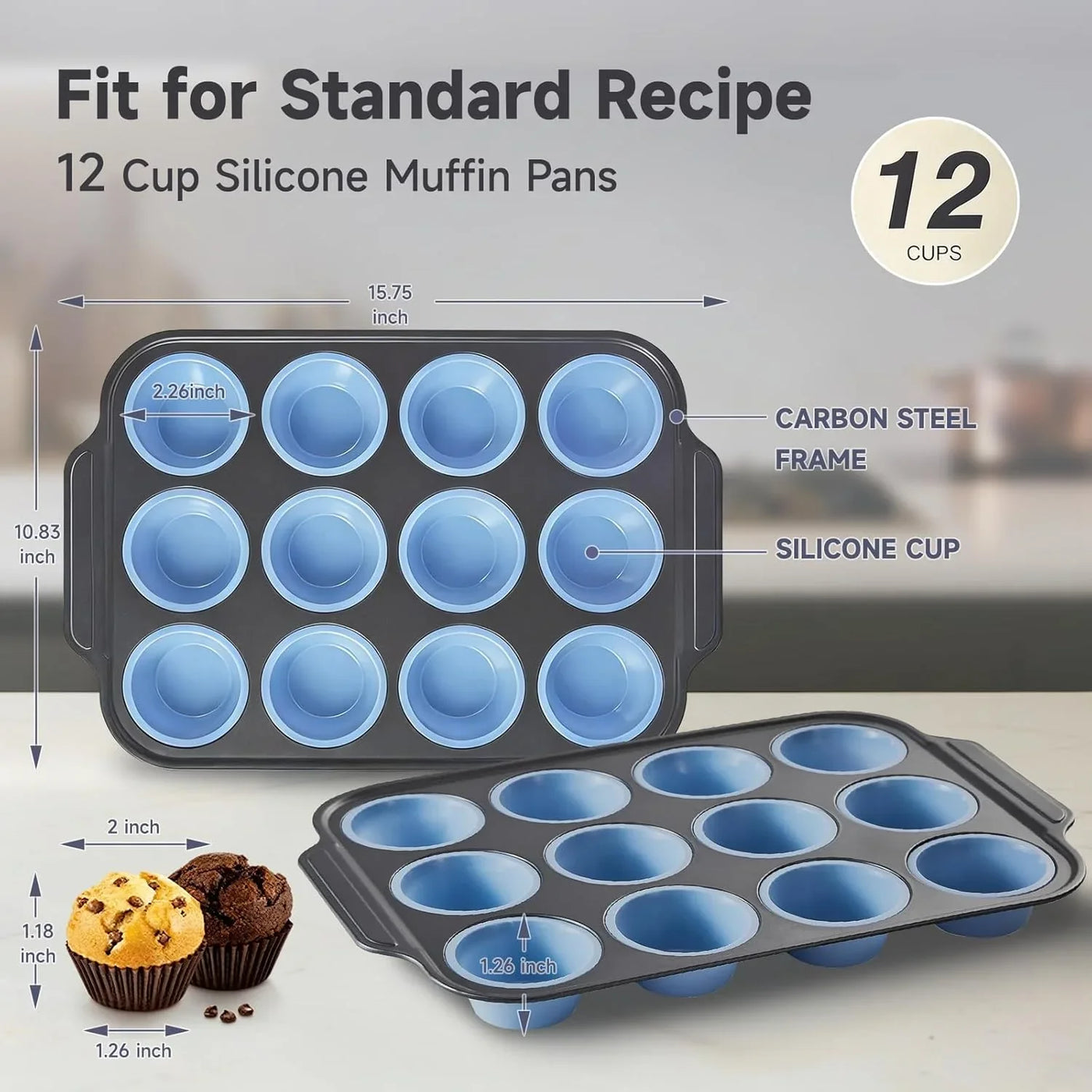 Silicone Muffin Pan for Baking,No-Spill Easy-Transfer Design,Reinforced Steel Frame, Non-Stick & Dishwasher Safe,12-Cup Regular Size Muffin & Cupcake Pan Bakeware for Oven (Blue 2Pcs)