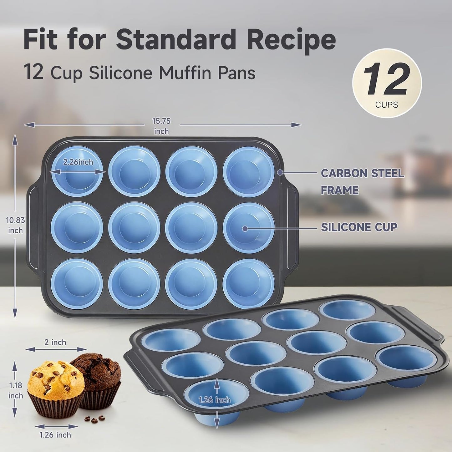 Silicone Muffin Pan for Baking,No-Spill Easy-Transfer Design,Reinforced Steel Frame, Non-Stick & Dishwasher Safe,12-Cup Regular Size Muffin & Cupcake Pan Bakeware for Oven (Blue 2Pcs)