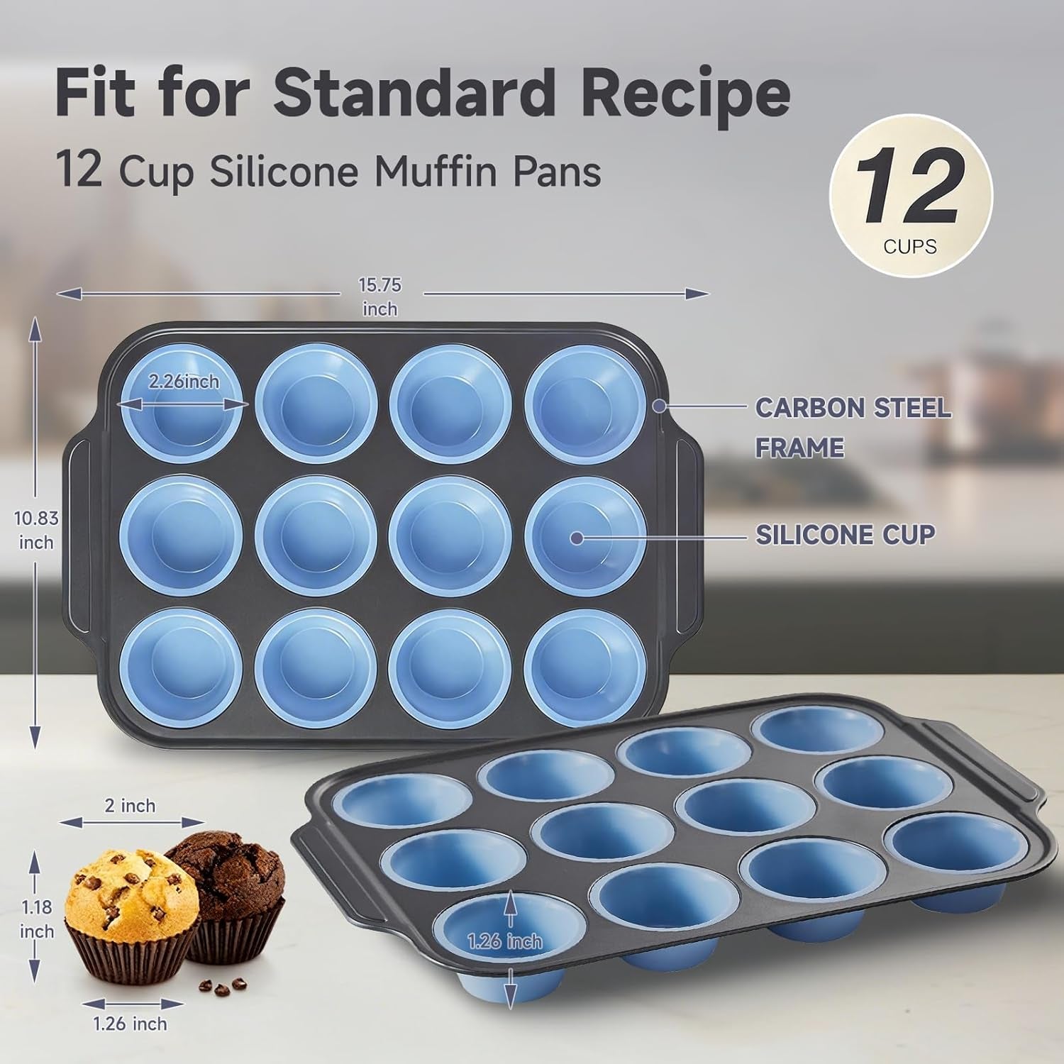 Silicone Muffin Pan for Baking,No-Spill Easy-Transfer Design,Reinforced Steel Frame, Non-Stick & Dishwasher Safe,12-Cup Regular Size Muffin & Cupcake Pan Bakeware for Oven (Blue 2Pcs)