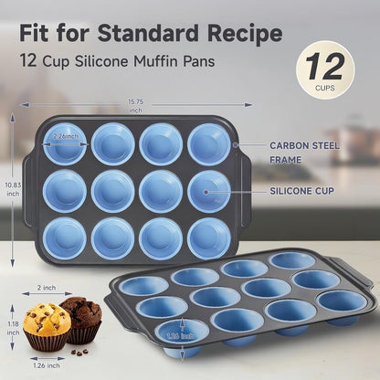 Silicone Muffin Pan for Baking,No-Spill Easy-Transfer Design,Reinforced Steel Frame, Non-Stick & Dishwasher Safe,12-Cup Regular Size Muffin & Cupcake Pan Bakeware for Oven (Blue 2Pcs)