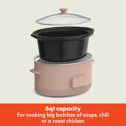 6.0 Qt Programmable Slow Cooker, Ceramic Nonstick Coating, Adjustable Temperature & Cooking Times, Dishwasher Safe Stoneware Pot & Tempered Glass Lid, Tangle Free Cord Wrap, Blossom