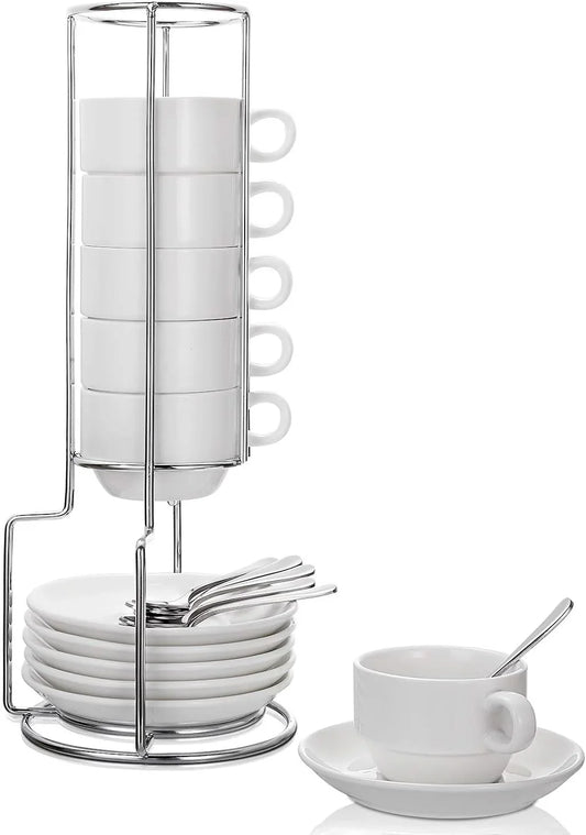 Espresso Cups and Saucers with Spoons, Stand Rack, 19-Piece Porcelain Stackable Mugs, 2.5-Ounce Demitasse Cups for Latte, Cafe Mocha