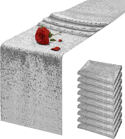 10 Packs 12 X 72 Inches Silver Sequin Table Runner, Glitter Runner for Birthday Party Supplies Wedding Holiday Celebration Baby Shower Engagement Anniversary Decor