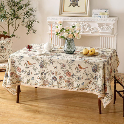 Designer French Light Beige Small Rectangular Tablecloth,Linen Florals and Birds Pattern Table Cloth,Anti-Wrinkle Decorative Tablecloths for Dining Thanksgiving Kitchen,55"*71"-Cornucopia