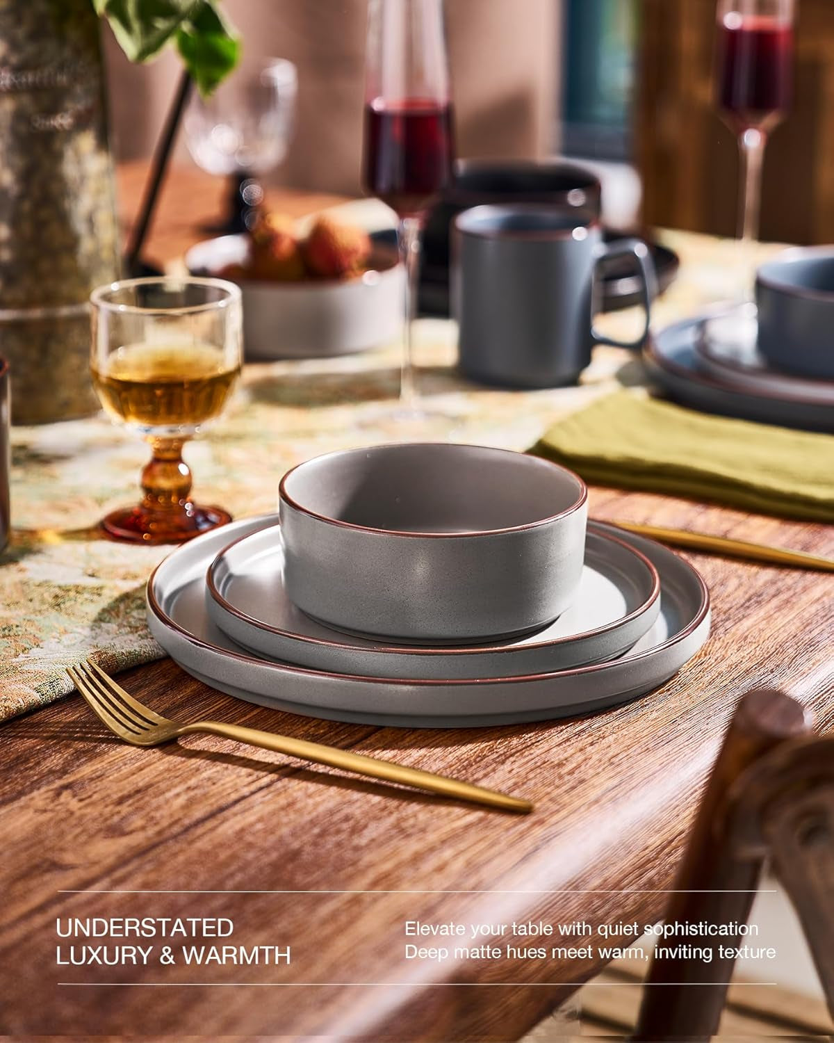 Nebula Ridge Stoneware Dinnerware Sets, Plates and Bowls Sets for 4, 12 Pieces Dishes Set, Microwave and Dishwasher Safe Kitchen Plates, Multi-Color