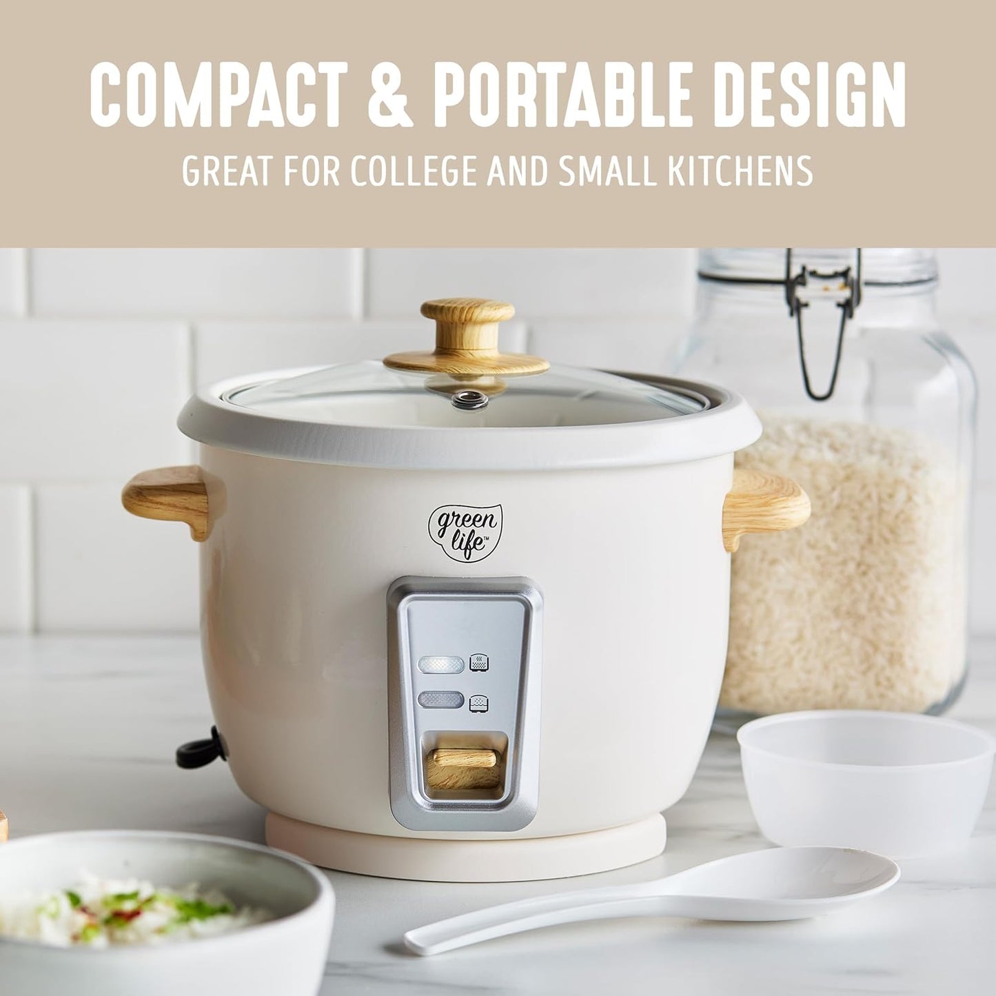 Rice Cooker with Removable Pfas-Free Ceramic Nonstick Pot, 3-Cups Uncooked/6-Cups Cooked, Grains & Oatmeal Multicooker, Compact One-Switch Design, Auto Keep Warm, Easy Clean, Cream