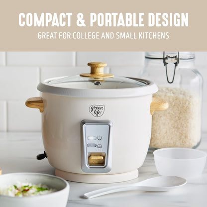 Rice Cooker with Removable Pfas-Free Ceramic Nonstick Pot, 3-Cups Uncooked/6-Cups Cooked, Grains & Oatmeal Multicooker, Compact One-Switch Design, Auto Keep Warm, Easy Clean, Cream
