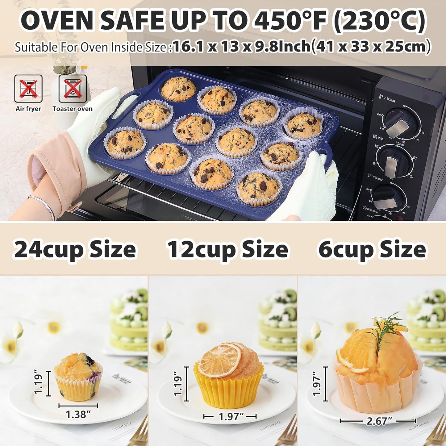 2 Pack Silicone Muffin Pan 12 and 24 Cup with Metal Frame,Non Stick Silicone Mini Cupcake Pan with Handles, BPA Free Silicon Regular Muffin Tin Tray Small for Baking, Egg Bites, Mold Grey