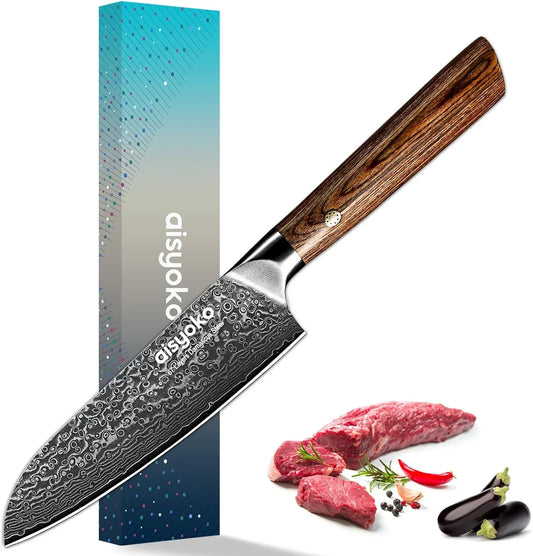 Santoku Knife 5 Inches-Japan VG-10 Super Steel 67 Layer Damascus Steel-Sharp Kitchen Knife-Luxury Gift Box with Colored Wooden Handle-With Scabbard