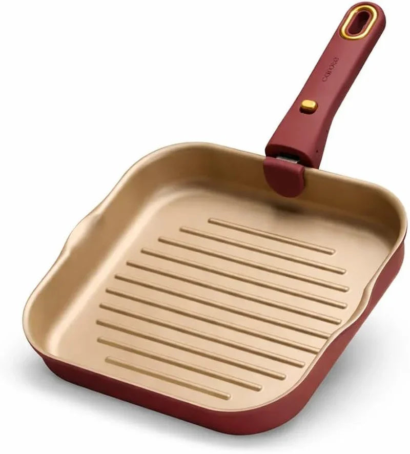 10 Inch Titanium Reinforced Nonstick Grill Pans for Steak, Non-Stick Grill Pans Sets with Detachable Handle, PFOS, PFOA Free, Gas & Induction Safe, All Stovetops Compatible, Burgundy