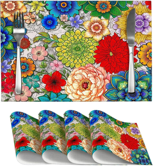 Spring Boho Floral Dinner Placemats Set of 4, Colorful Vintage Decorative Place Mats, Kitchen Washable Table Mats for Dining Holiday Party Home Decor, Gifts for New Home Women
