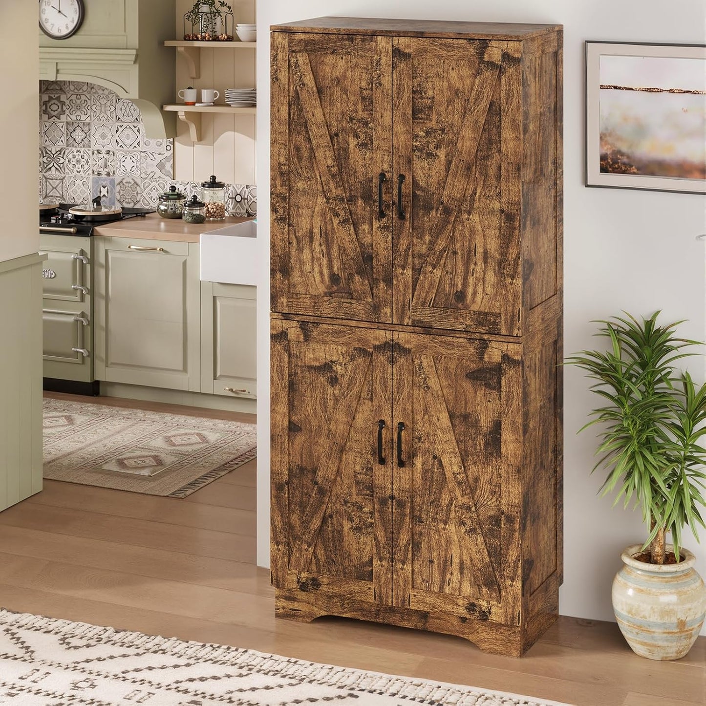 71" Tall Kitchen Pantry, Farmhouse Storage Cabinet with Doors, Shelves, Rustic Wood Cupboard, Built-In Wine Storage Grid & 6 Door Shelves for Kitchen, Dining Room, Rustic Brown
