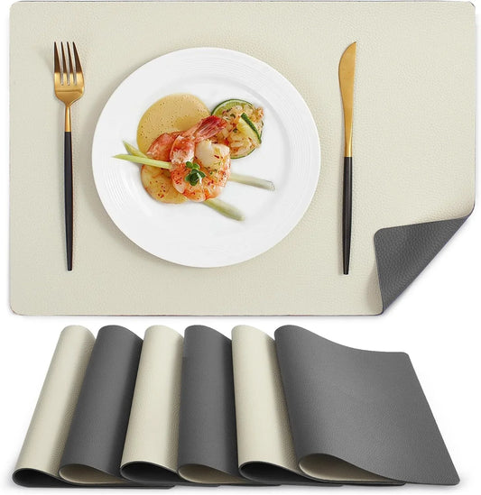 Vinyl Placemats Set of 6, Heat Resistant Place Mats 100% Waterproof Washable & Wipeable Faux Leather Reversible Table Mats for Kitchen Dining Party Indoor Outdoor, 12" X 17", Grey/Beige