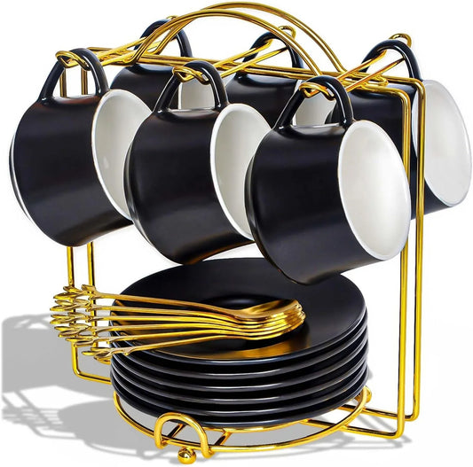 3-Ounce Porcelain Espresso Cups Set of 6, Stackable Coffee Cups with Saucers, Spoons and Metal Stand, Ceramic Demitasse Mugs, Espresso Accessories for Machine, Black