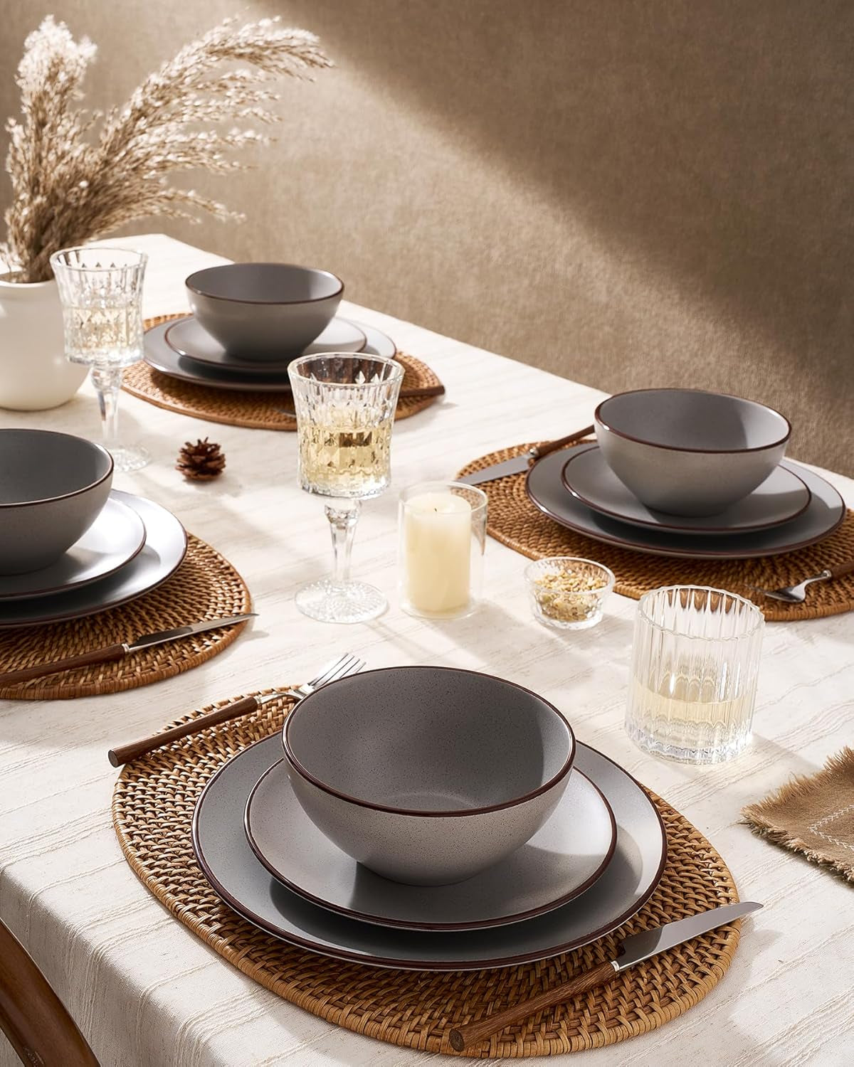 Venus Plates and Bowls Sets, 12 Pieces Stoneware Speckled Dishes Dinnerware Set for 4, Matte Dark Gray - Microwave & Dishwasher Safe, Modern Minimalist, for Everyday Meals & Formal Dining