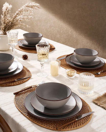 Venus Plates and Bowls Sets, 12 Pieces Stoneware Speckled Dishes Dinnerware Set for 4, Matte Dark Gray - Microwave & Dishwasher Safe, Modern Minimalist, for Everyday Meals & Formal Dining