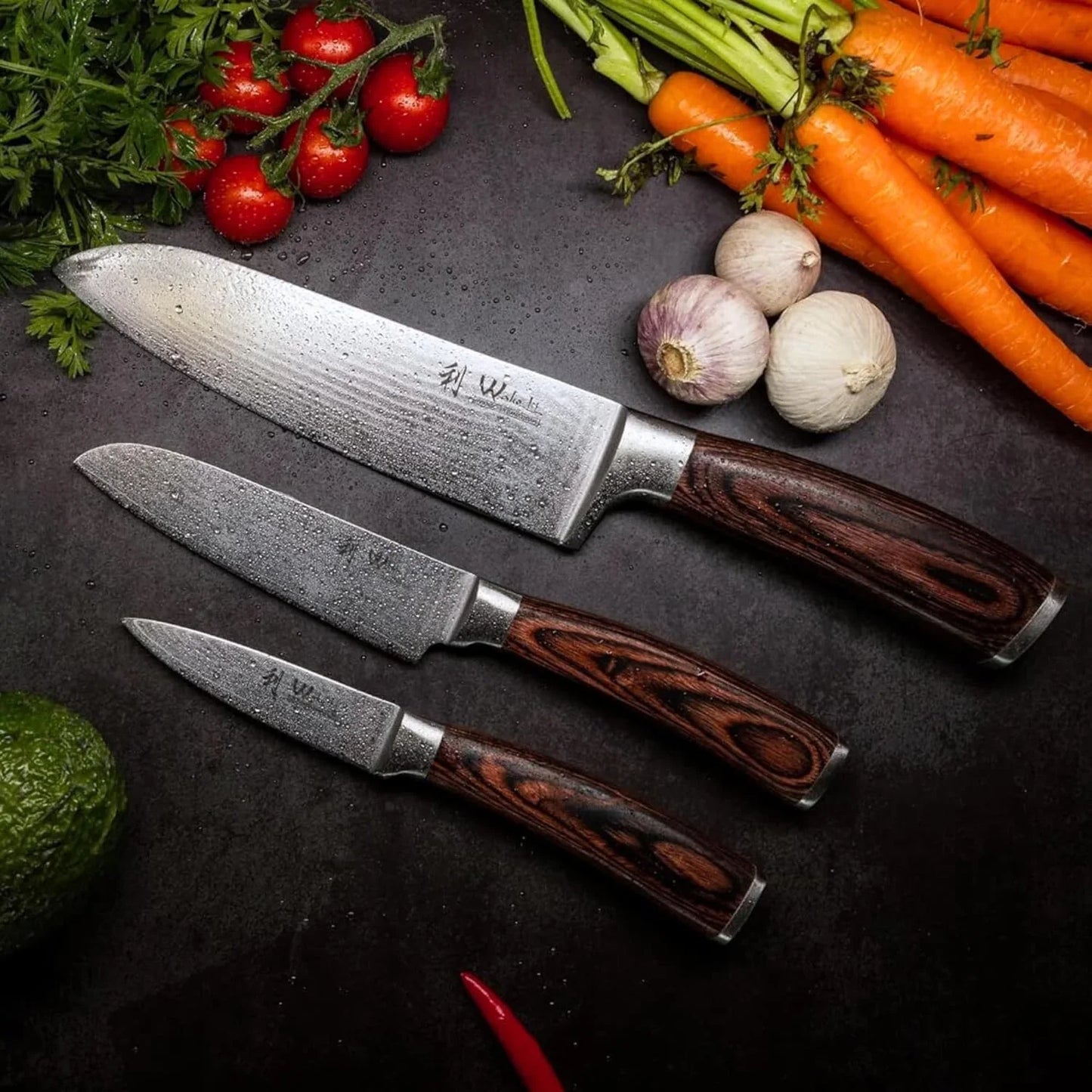 EDIB 3-Piece Damascus Kitchen Knife Set in Wooden Gift Box, Razor Sharp Genuine Damascus Steel (VG10 Core), Includes Santoku, Small Santoku and Paring Knife, Ergonomic Pakkawood Handle