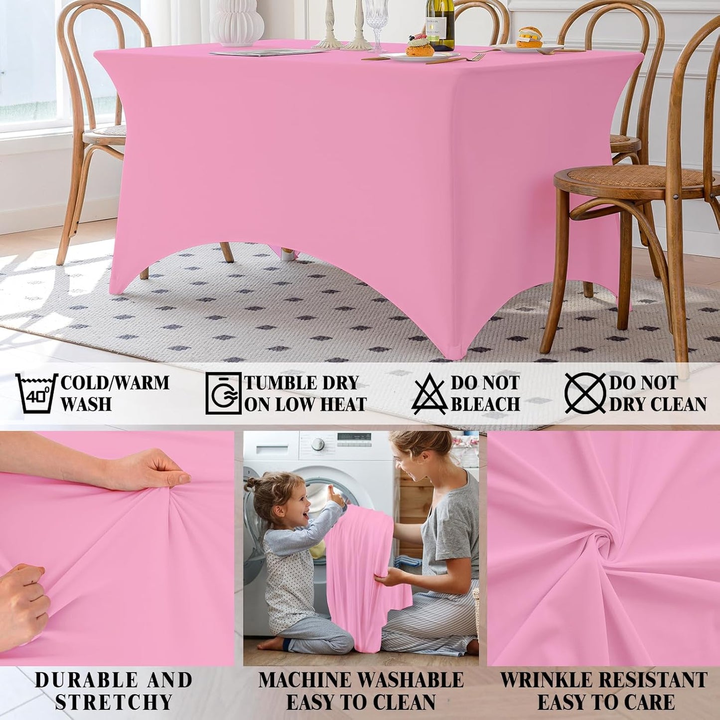 Table Cloth Pink 4FT Spandex Tablecloth for Rectangle Fitted Table Cloths Stretch Covers Washable Wrinkle Free Tablecloths for Festival Camping Picnic Wedding Party