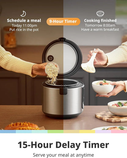 Compact Rice Cooker, 6-In-1 Stainless Steel Multi Cooker, Slow Cooker, Steamer, Saute, and Warmer, 2 QT, 8 Cups Cooked(4 Cups Uncooked), Brown Rice, Quinoa and Oatmeal, 6 One-Touch Programs, Corded Electric