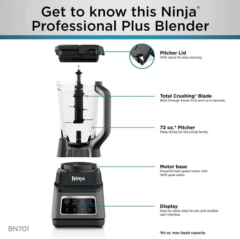 Professional plus Blender | Max Power Smoothie Blender, Ice Cream Maker, Frozen Drink Mixer & Margarita Machine | 3 Auto IQ™ Presets, 1400 W, 72Oz Total Crushing Pitcher | Dark Grey, BN701